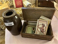 Vintage cards, ceramic pot