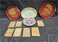 Group of vintage Asian trays, porcelain plates,