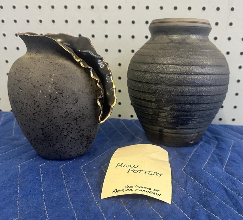 RAKU POTTERY VASE AND A BLACK AND GOLD TRIM VASE