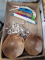 Wooden turtle bowl, shell necklaces