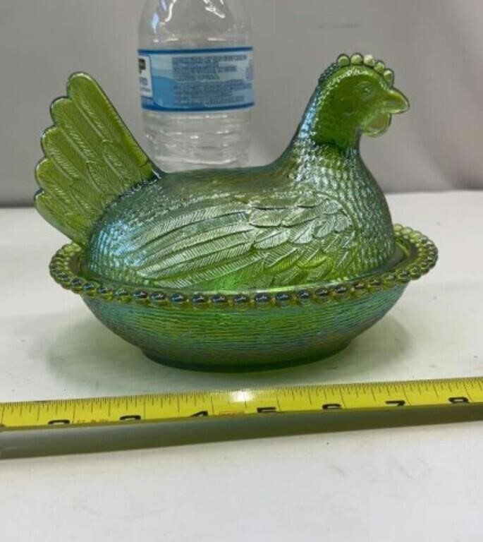 Vintage Indiana Glass Green Carnival Glass Hen on