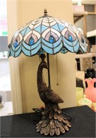 24in tall leaded glass peacock lamp