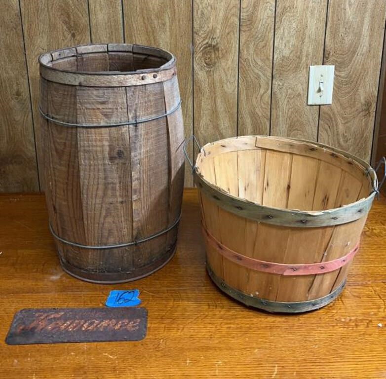 18.25”H wood barrel, bushel basket, 10” “Kewanee