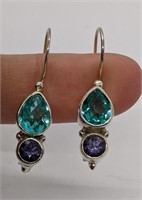 Sterling Silver Green & Purple Stone Drop Earrings