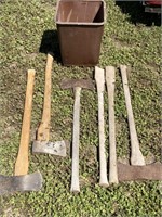 METAL TRASHCAN WITH AXES AND HANDLES