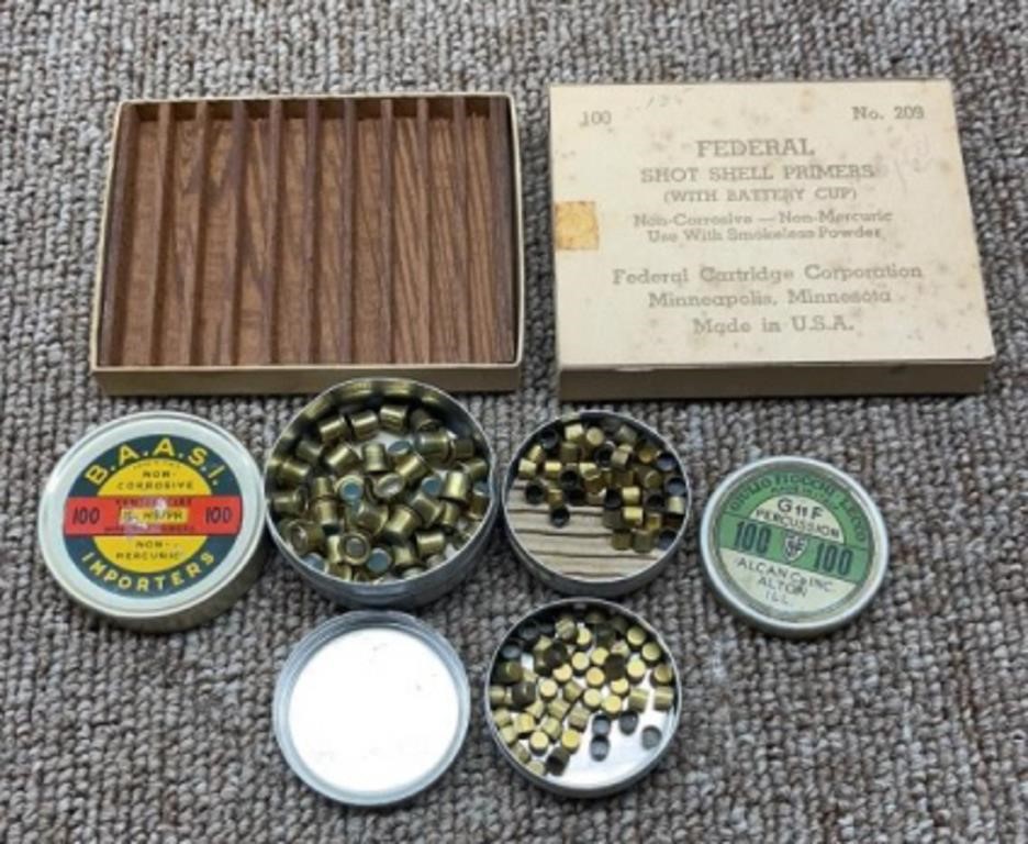 Assorted Vintage Primers in tin & wood tray