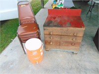 Cooler / chairs / night stand lot