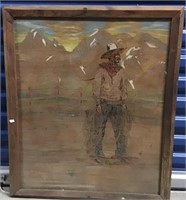FRAMED COWBOY PAINTING & ETCHED ON WOOD