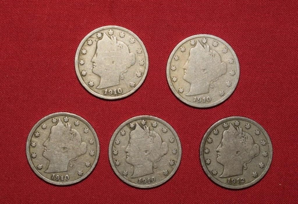 Five Liberty V Nickels  1910 & 1912 Mix