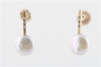Pair of 14k Yellow Gold, Pearl & Diamond Earrings