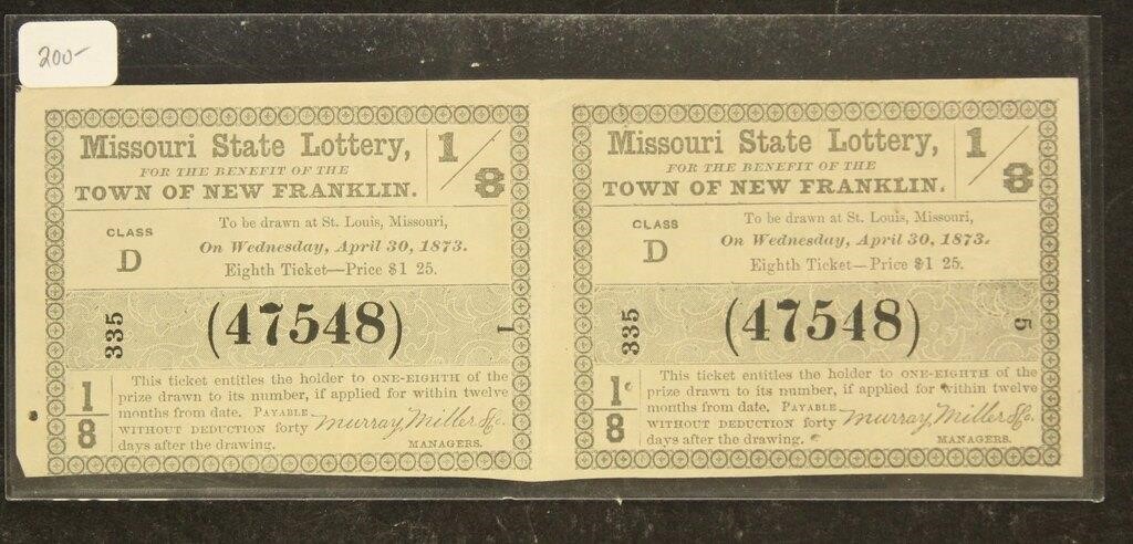 1873 Missouri Lottery ticket  Uncut pair of 2 tick