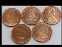 FIVE ASSORTED 1 OZ COPPER ROUNDS