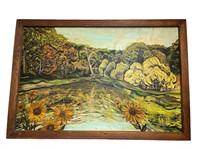 Mid Century Sunflower Landscape Oil on Canvas