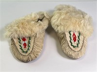 Vintage Native Made Leather Beaded Rabbit Mocasins