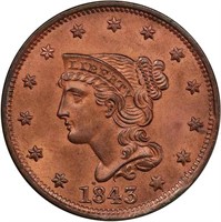 L1C 1843 PETITE HEAD, SMALL LETTERS. PCGS MS64 RD