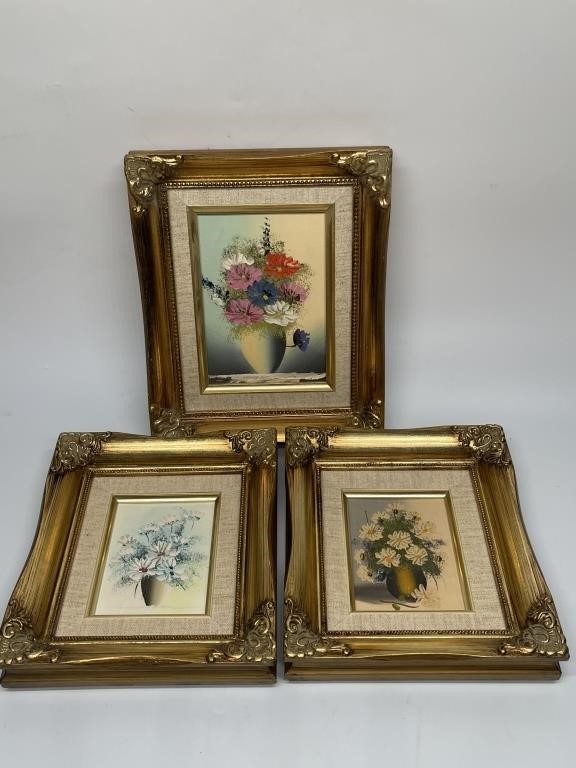(3) Acrylic Flower Paintings in Gilt Gold Frames