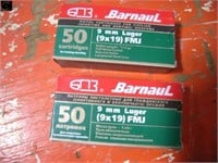 2 boxes of Barnaul 9mm Luger shells, 100 rounds
