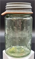 Antique Green Atlas Pint Fruit Jar W Zinc Lid