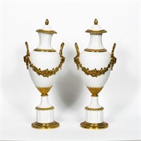 Pair of Neoclassical Bisque & Brass Accented Urns