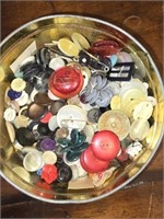Round Metal Tin of Misc Vintage Buttons & More