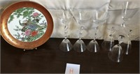 703 - PEACOCK COLLECTORS PLATE & WINE GOBLETS (H)