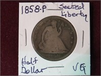 1858 P SEATED LIBERTY 1/2 DOLLAR 90% VG