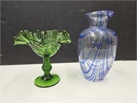 Green Empoli Swirl Compote Blue Swirl Vase