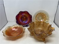 4 Pieces of Carnival Glass - Large Bowl is Cracked