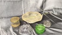 Vintage jelly jars, green depression coasters,