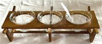 Danish Mod Style Wood Rack w/ Glass Serving Bowls