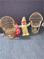 A pair of doll wicker chairs, Musical clown,