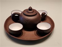 Vintage Ceremonial Yixing Teapot Tray & 4 teacups.
