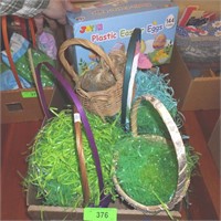 EASTER BASKETS, GRASS, PLASTIC EGGS