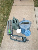 watering cans (one is metal) & pair of sprinklers