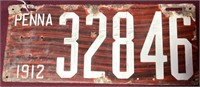 Rare 1912 Porcelain Pennsylvania License Plate