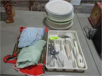 Misc dishes, aprons, silverware