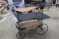 Ornate Wrought Iron ivy & Wicker Rolling Cart