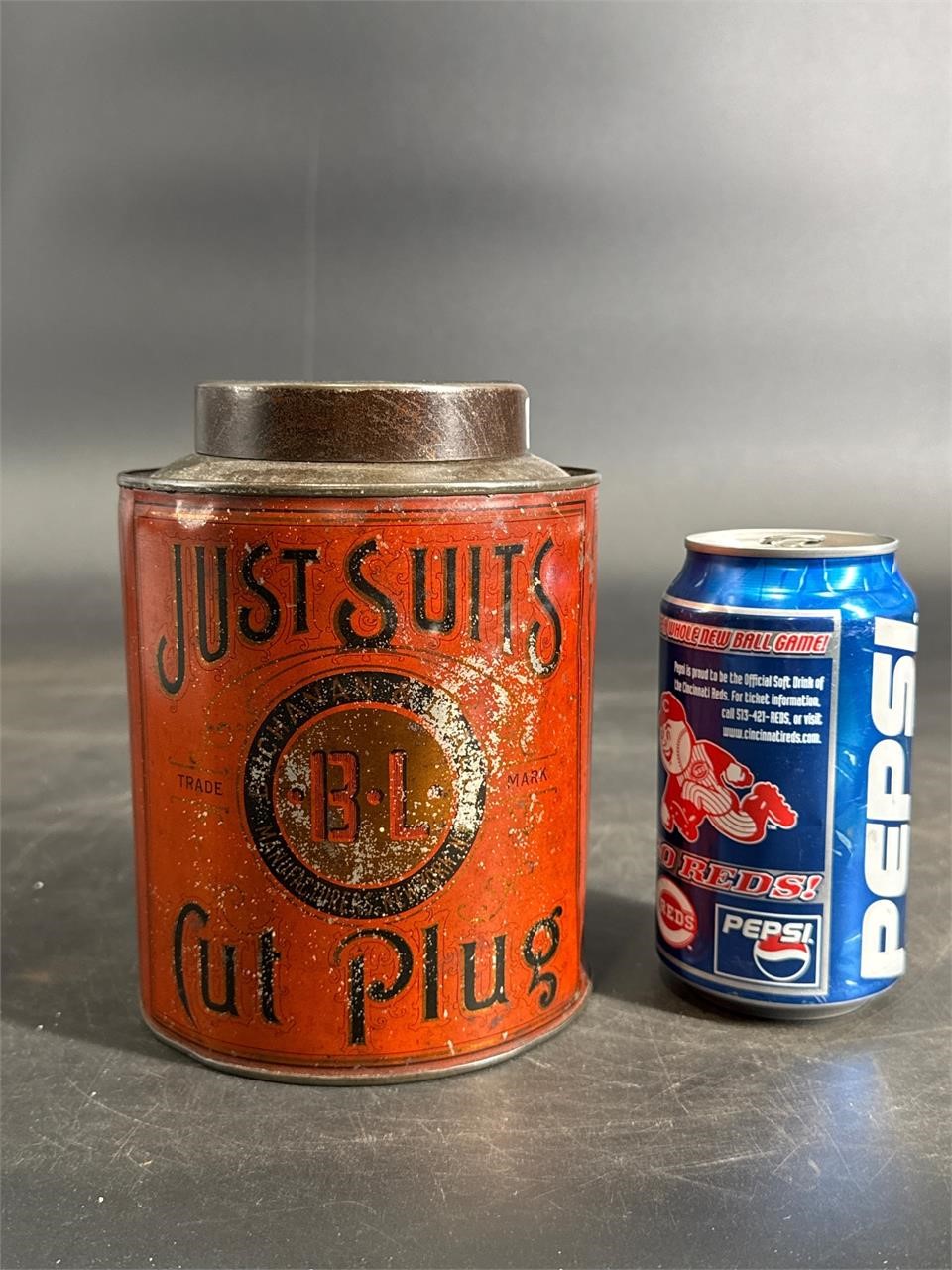 "JUST SUITS" LITHO CANISTER TOBACCO TIN