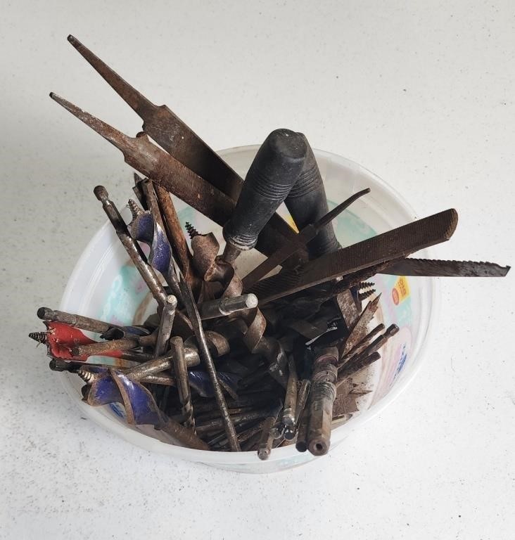 Bucket of Misc Drill Bits  Files n more