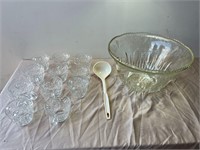 Punch bowl, 11 cups, and serving spoon