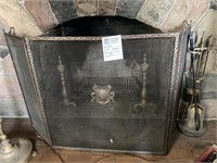 Fireplace screen, grate, & tools