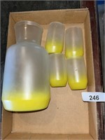 Yellow Frosted Juice Carafe and (4) Glasses