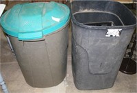 2 OUTDOOR TRASH CANS AND CRATES