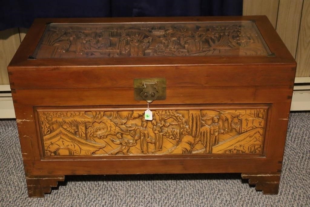 VERY ORNATE GLASS TOP HAND CARVED BLANKET CHEST