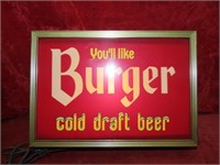 Lighted Burger Beer sign. 13"x9.25" working.
