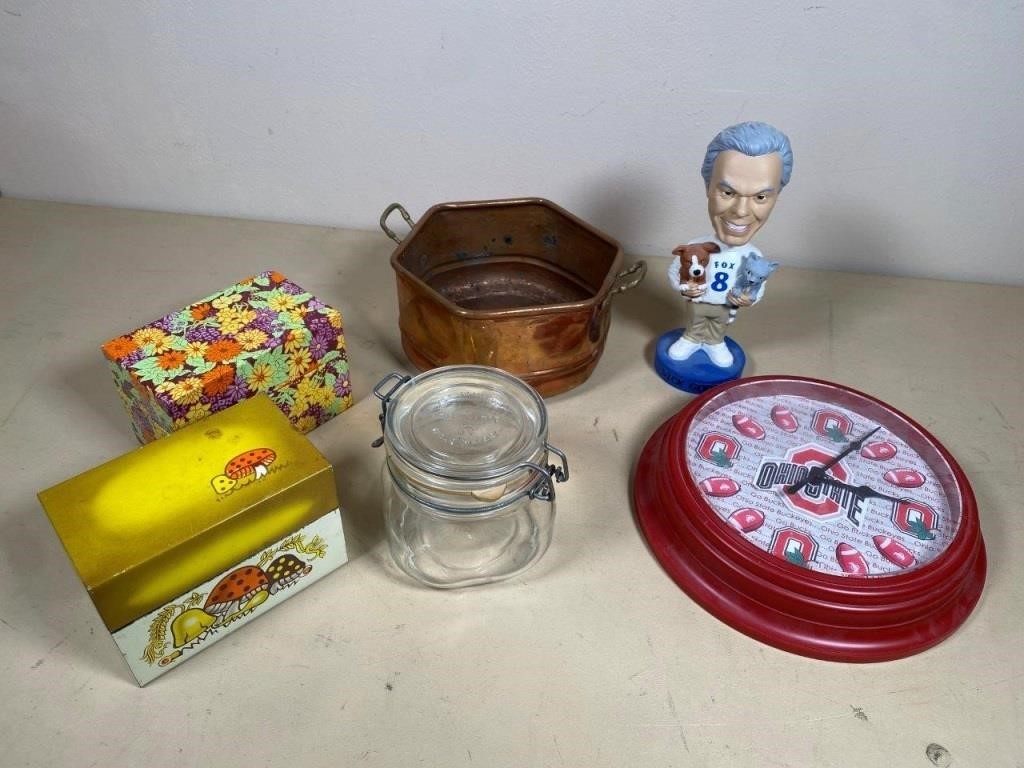 OSU clock, vintage recipe tins, Dick Goddard