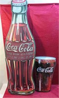 Coca-Cola Lot 2 Tin Signs 35" Bottle 16" Glass