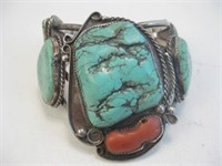 Large Navajo SS Turquoise & Coral Bracelet -Tested