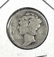 1919-D Mercury Silver Dime, US 10c Coin