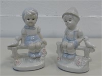 Two 6" Vtg Porcelain Boy & Girl On Fence Statues